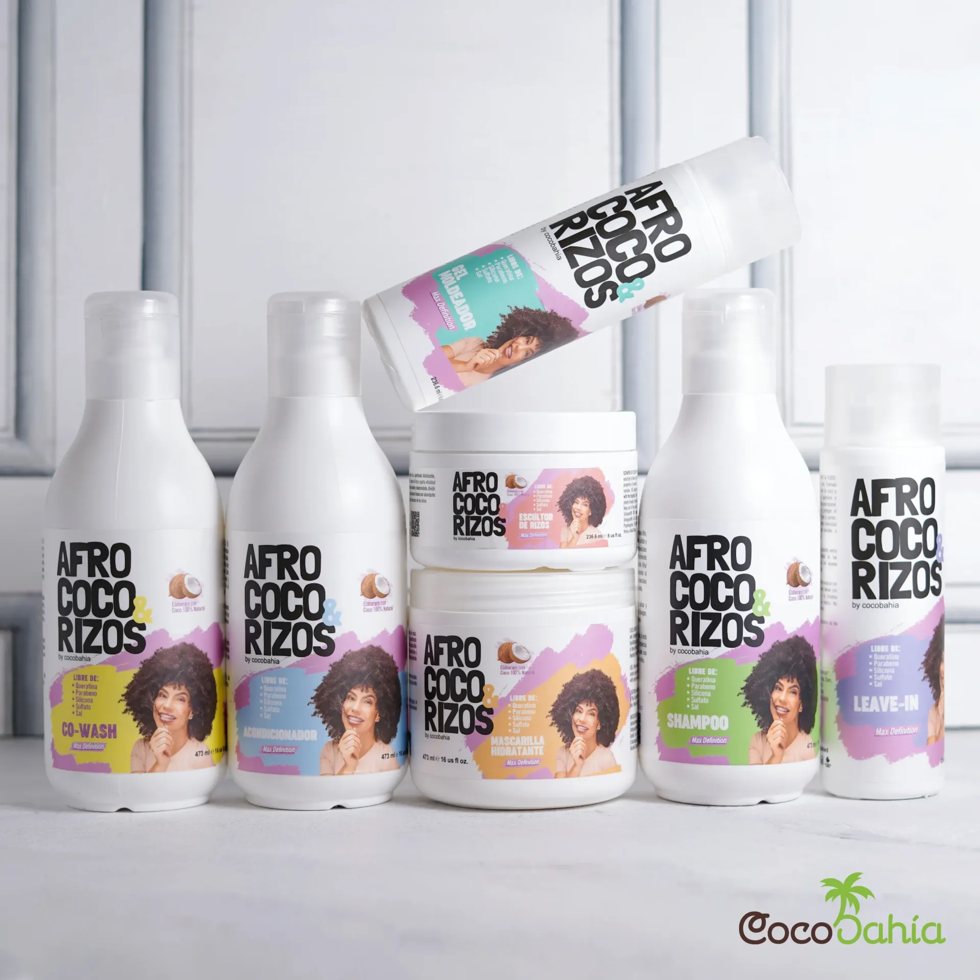 [CB-009] Línea Afro, Coco & Rizos 7 pasos 16 Oz (Shampoo, Acondicionador, Mascarilla, Co-Wash, Leave-In, Escultor de Rizos, Gel Moldeador) 