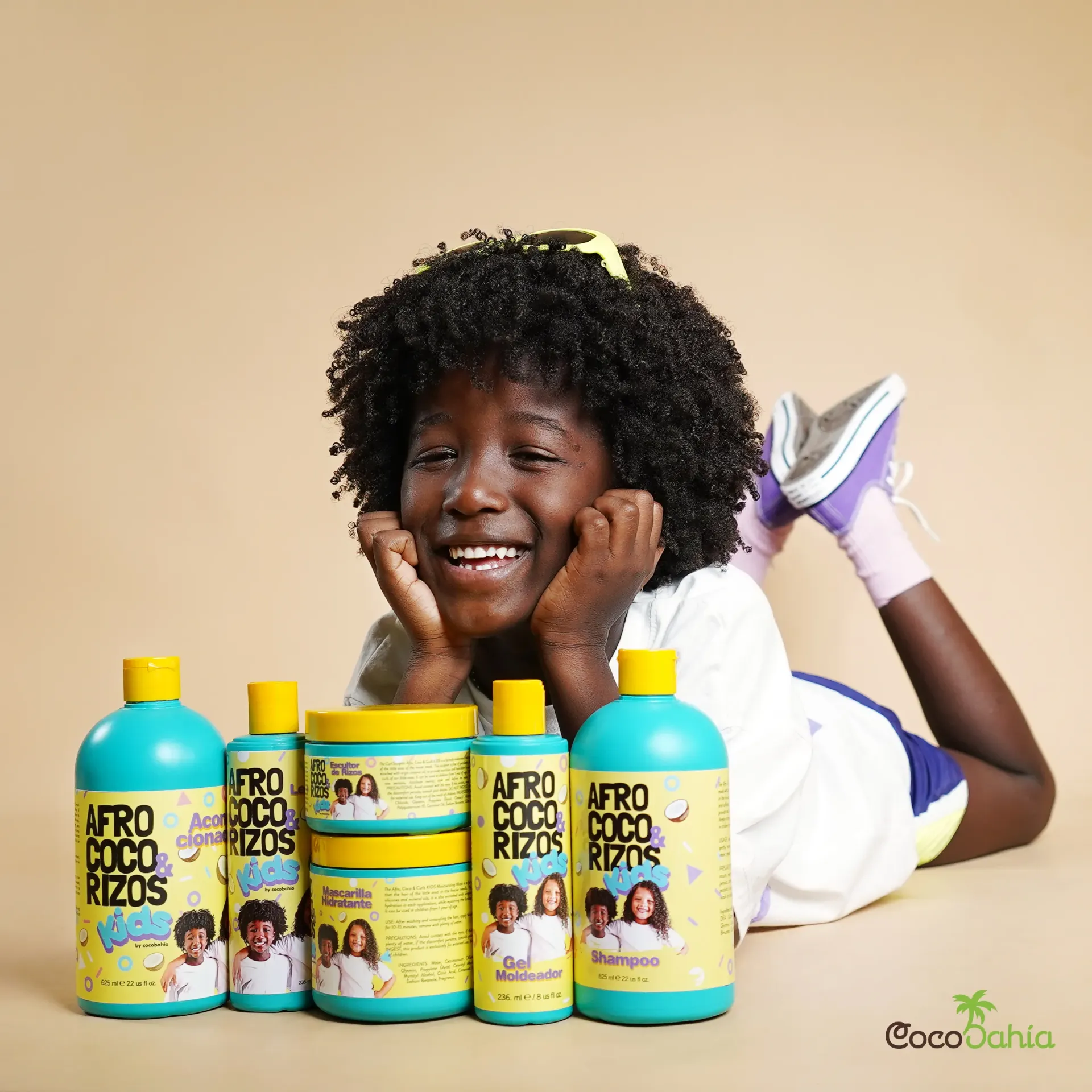 Línea Afro, Coco & Rizos KIDS 6 Pasos (Shampoo, Acondicionador, Mascarilla, Leave-in, Escultor de Rizos, Gel Moldeador)